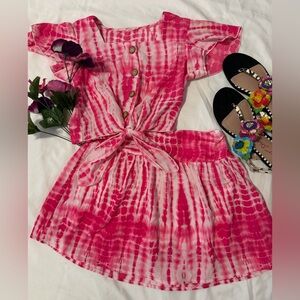 Pink Tie-Dye Kids Button Up Top and Skirt Set